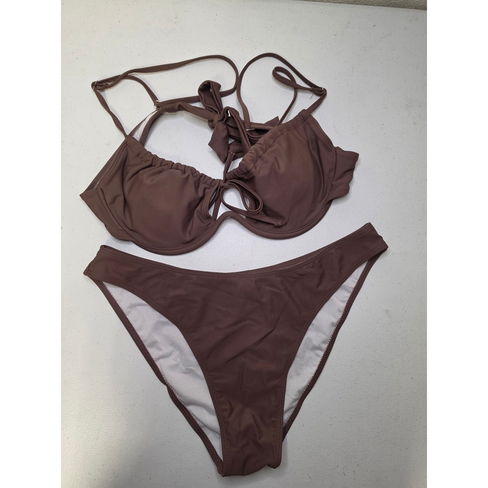 Luvalot Women Brown Underwire Bikini Set High Leg Two Piece Swimsuit Size L